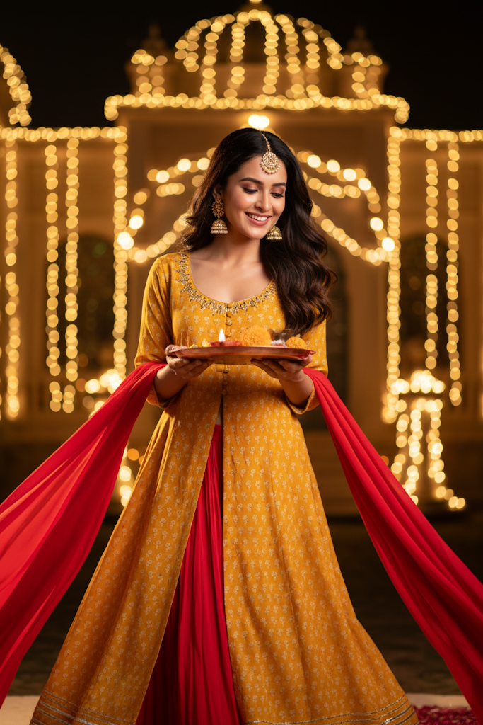 Mustard Red Kalidar Kurta Set