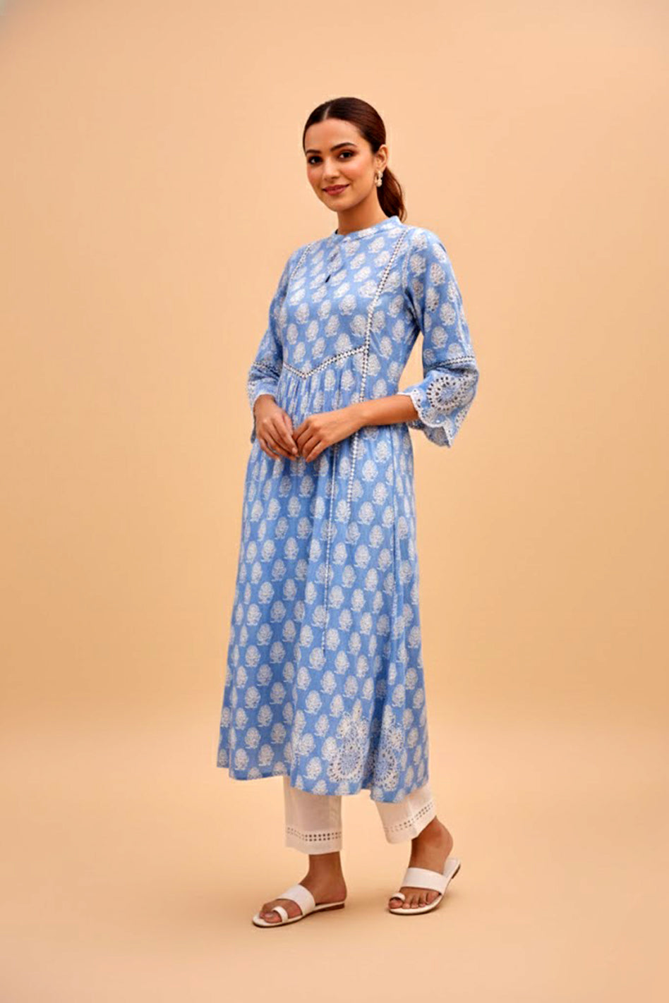 Blue Printed Cotton Kurta with Schiffli Lace & Sequin Work