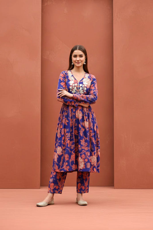 Royal Blue Modal Embroidered Co‑ord Set