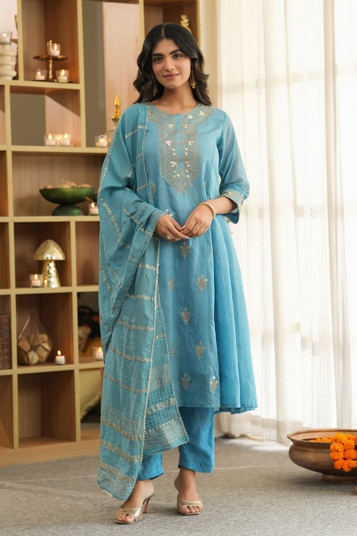 Blue Mul Chanderi Dori Embroidered Anarkali Suit Set