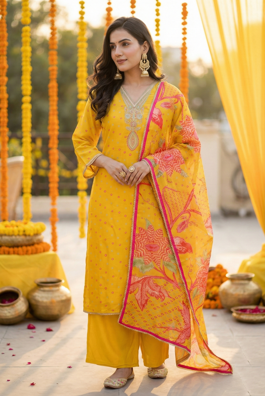 Soft Summer Yellow Pure Viscose 3-Piece Ethnic Suit Set – Kurta, Pant & Floral Silk Dupatta