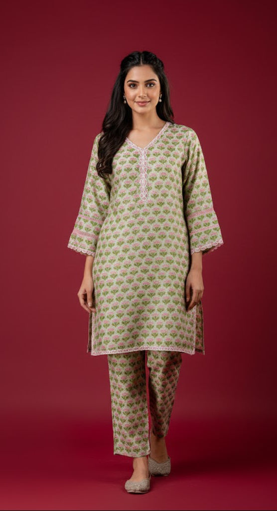 Pistachio Green Muslin Co-Ord Set with Embroidered Laces — Refined Comfort