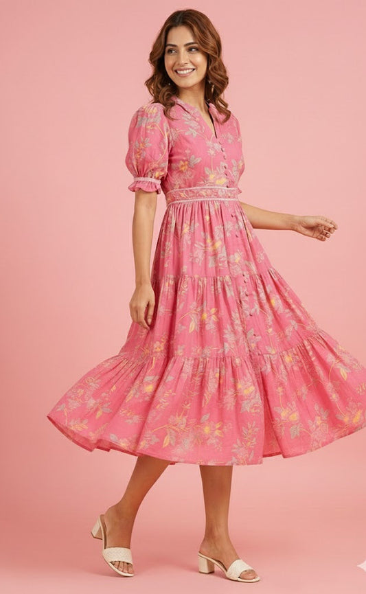 Pink Printed Tiered Maxi Dress with a Belt