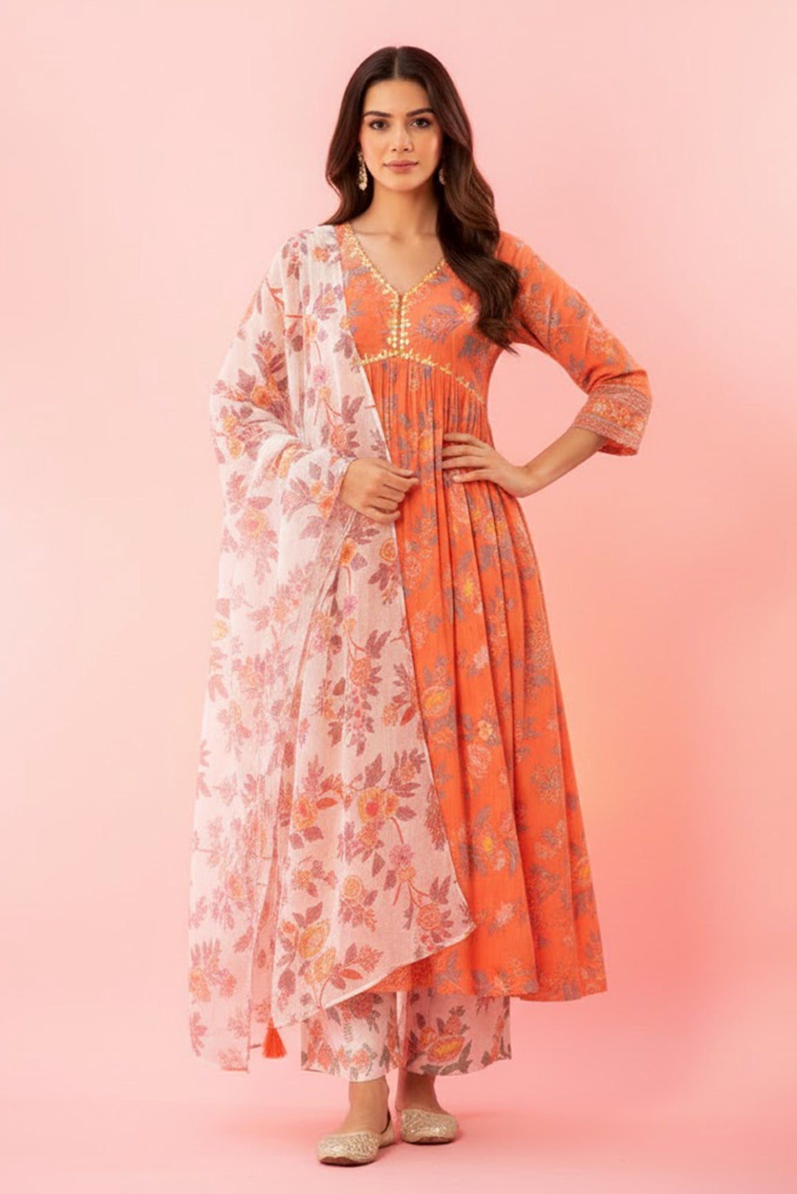 Orange Floral Printed A-Line Kurta Palazzo Set