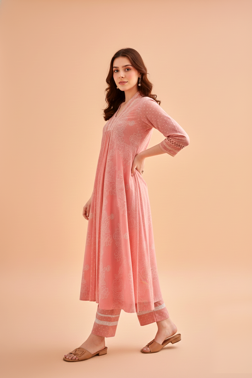 Pink Chunakhari Printed Cotton Kurta Set with Pearl Lace Work
