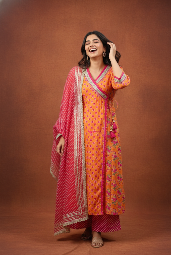 Vibrant Orange Mulmul Kalidaar Kurta with Zari Patch Embroidery