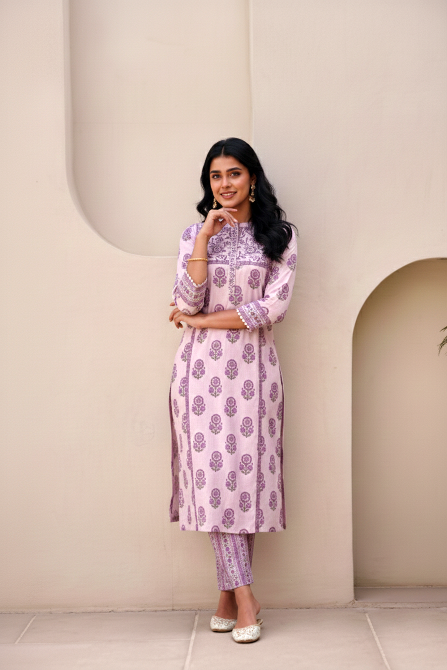 Lavender Printed Cotton Kurta Set (Lace + Sequin)