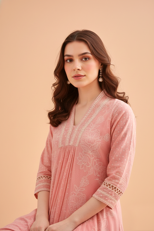 Pink Chunakhari Printed Cotton Kurta Set with Pearl Lace Work