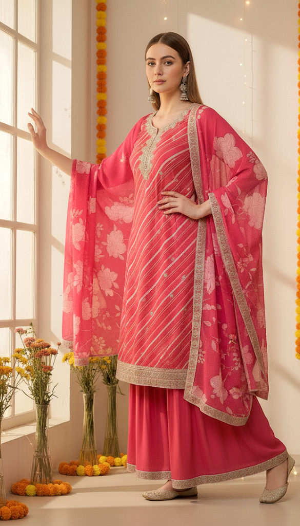 Floral Printed Kurta, Sharara And Dupatta Set