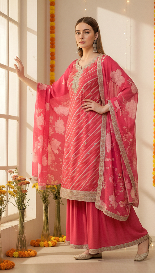 Floral Printed Kurta, Sharara And Dupatta Set