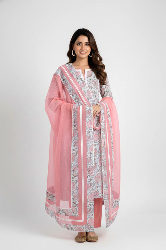 Floral Printed Straight Kurta with Pant and Dupatta