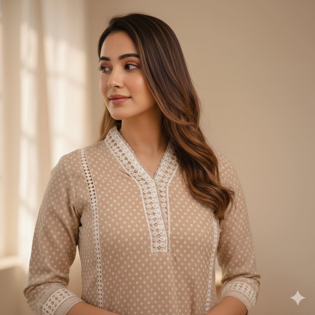 Beige A-Line Kurta with Crochet Lace