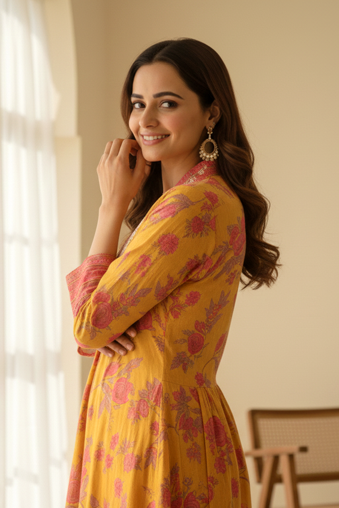 Mustard Printed Viscose Modal A-Line Gathered Yoke Kurta with Pink Printed Pant