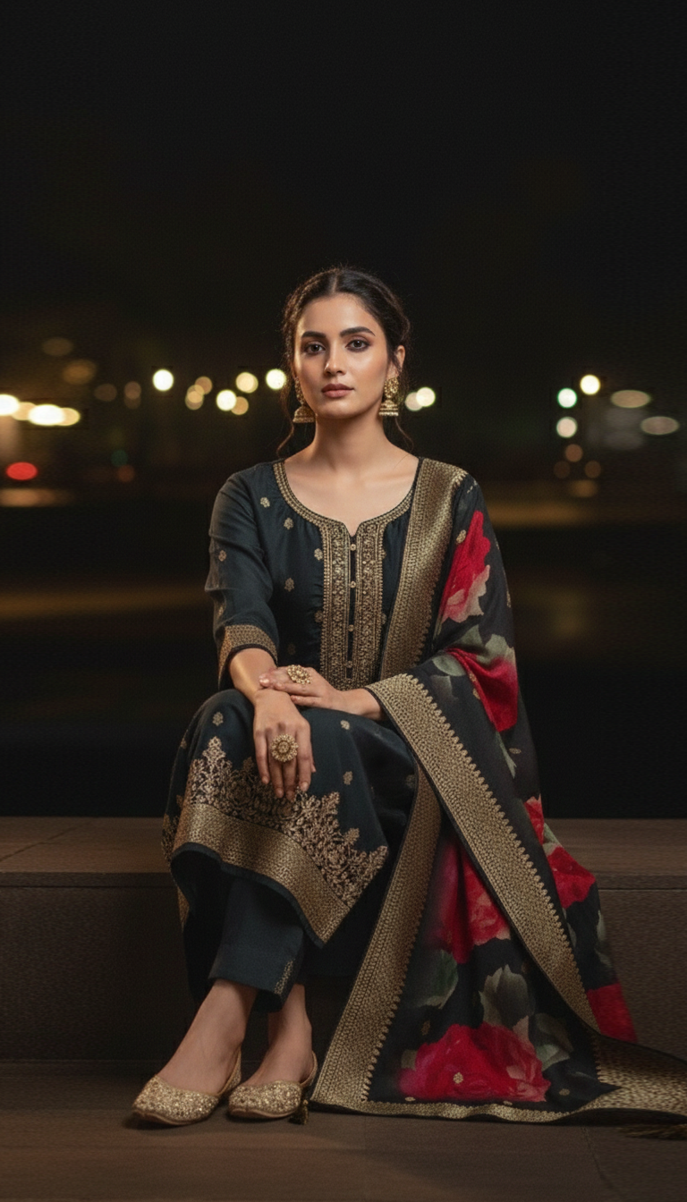 Black Pure Viscose 3-Piece Ethnic Suit Set – Kurta, Pant & Banarasi-Style Floral Silk Dupatta