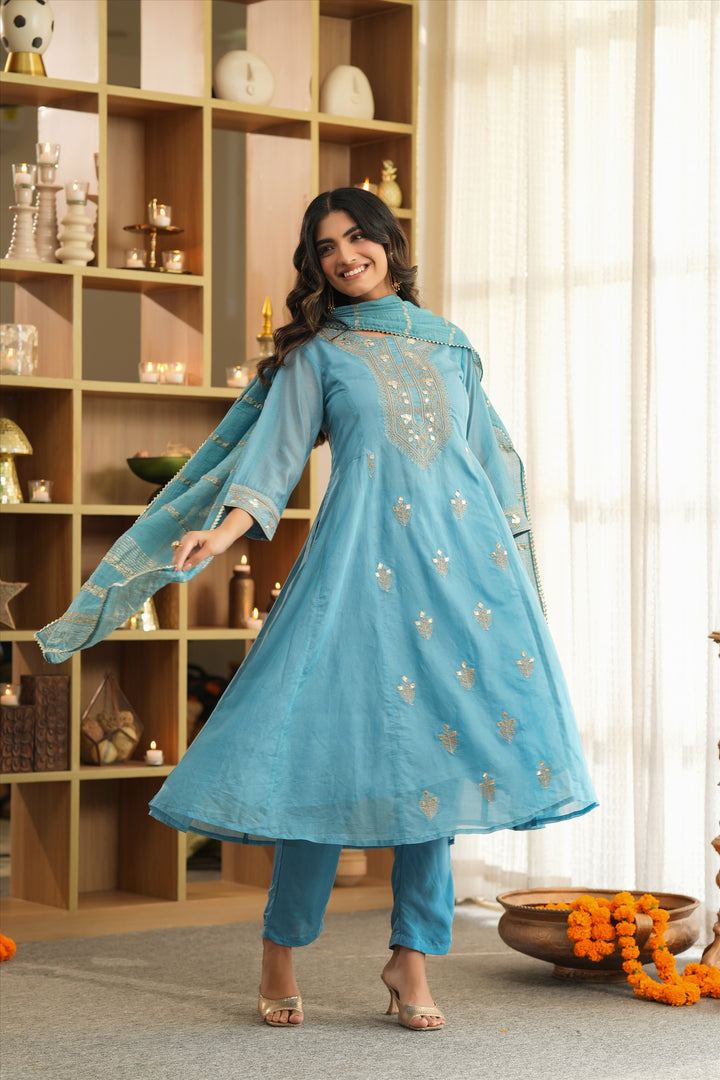 Blue Mul Chanderi Dori Embroidered Anarkali Suit Set