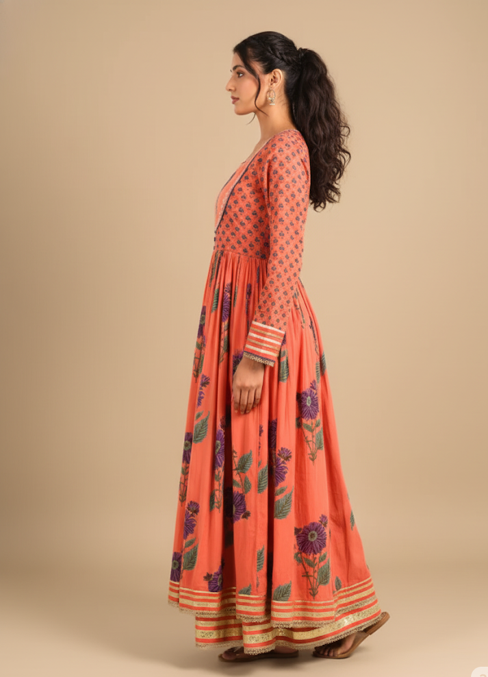 Vibrant orange cotton mulmul kalidaar kurta