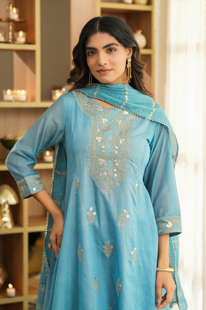 Blue Mul Chanderi Dori Embroidered Anarkali Suit Set