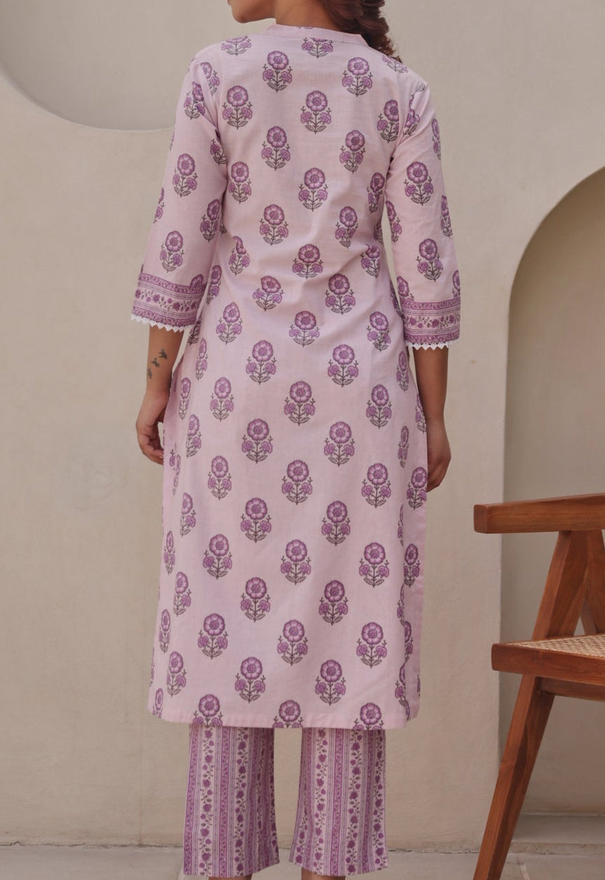 Lavender Printed Cotton Kurta Set (Lace + Sequin)