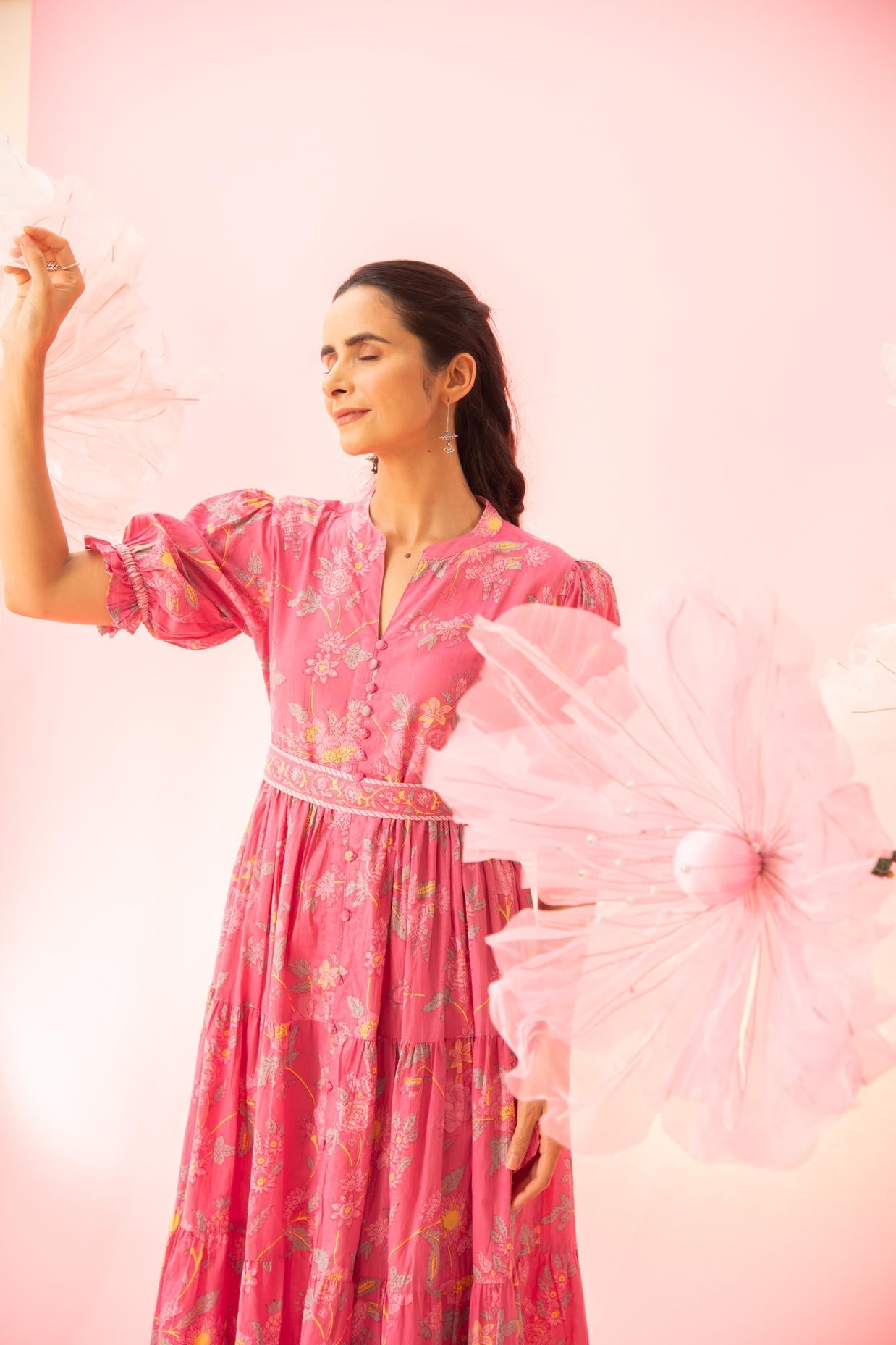 Pink Printed Tiered Maxi Dress with a Belt