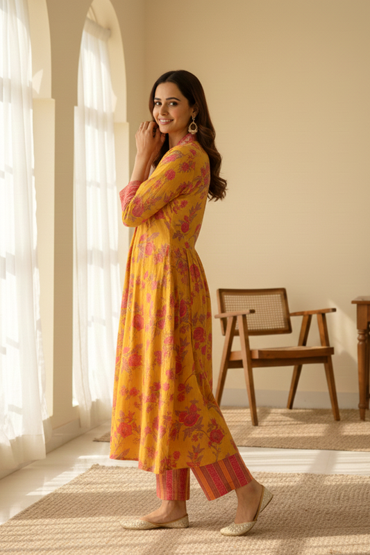 Mustard Printed Viscose Modal A-Line Gathered Yoke Kurta with Pink Printed Pant