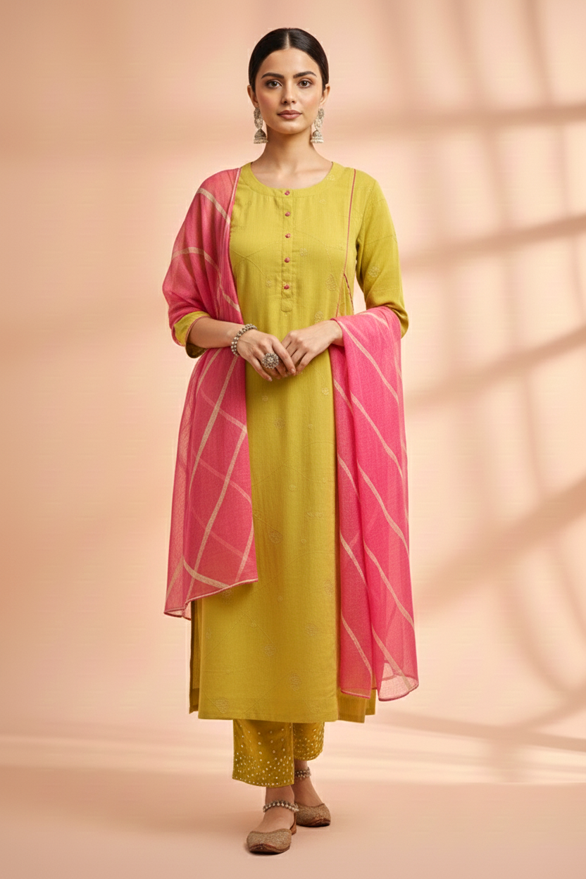 Lime Green Embroidered Kurta Pant Set with Dupatta