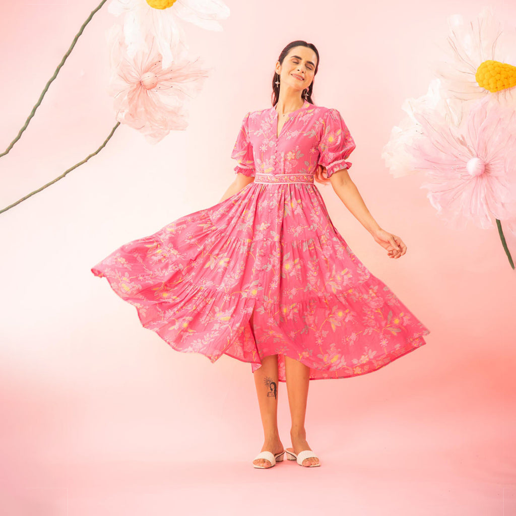 Pink Printed Tiered Maxi Dress with a Belt