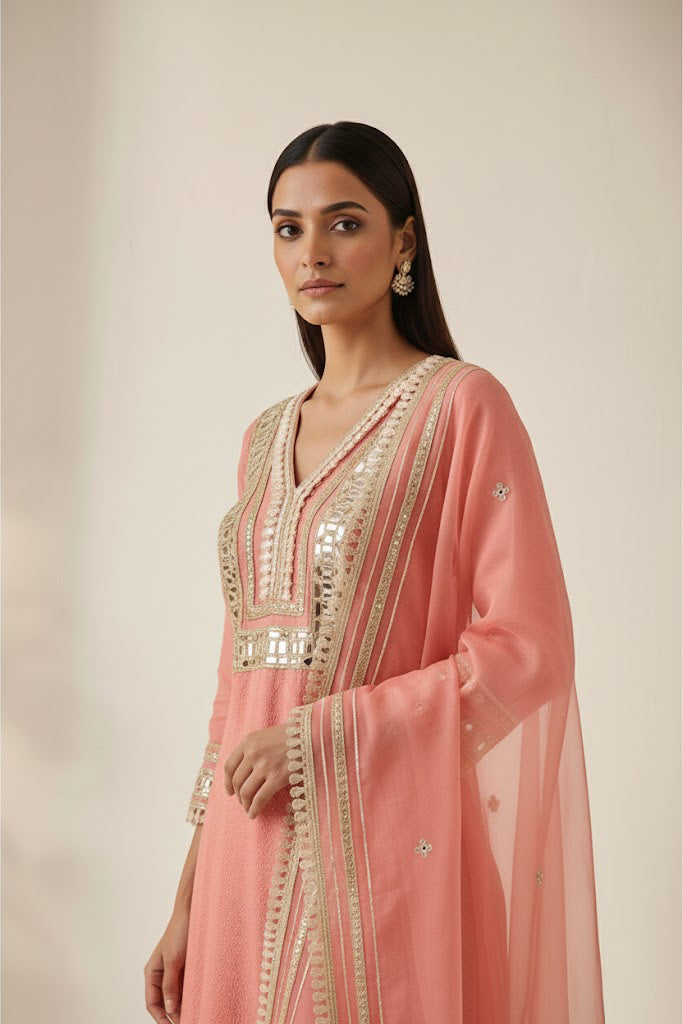 Pink Rasian Silk 3-Piece Ethnic Suit Set – Kurta, Pant & Dupatta