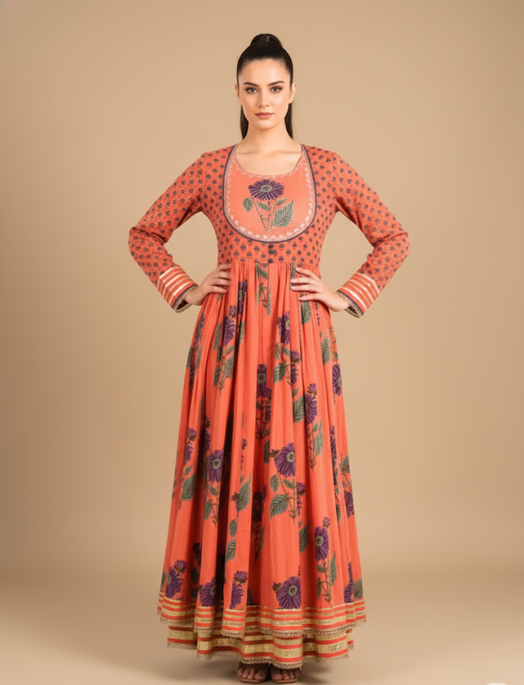 Vibrant orange cotton mulmul kalidaar kurta