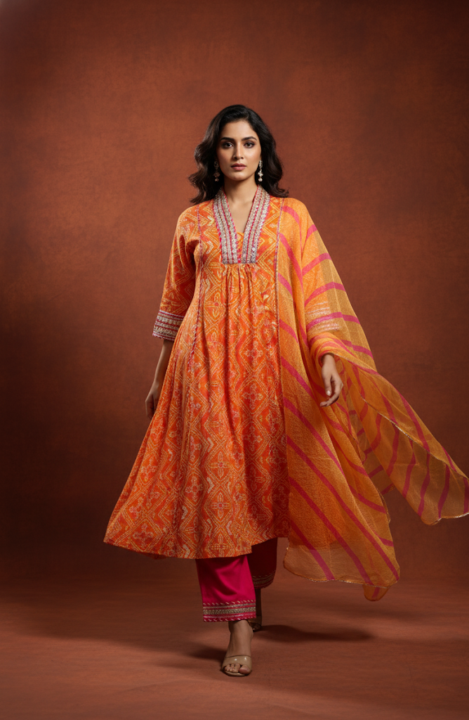 Rust Chanderi Gota Embellished Kurta‑Pant Set with Dupatta