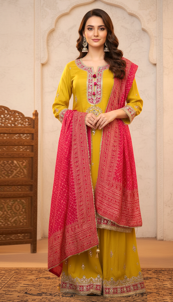 Mustard–Pink Ethnic Suit Set – Kurta, Palazo & Banarasi Silk Dupatta