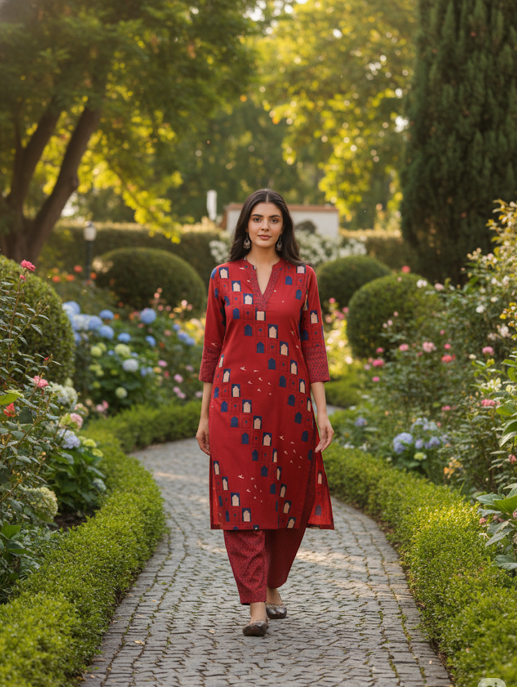 Brick Red Cotton Slub Straight Kurta with Afghani Pants Set