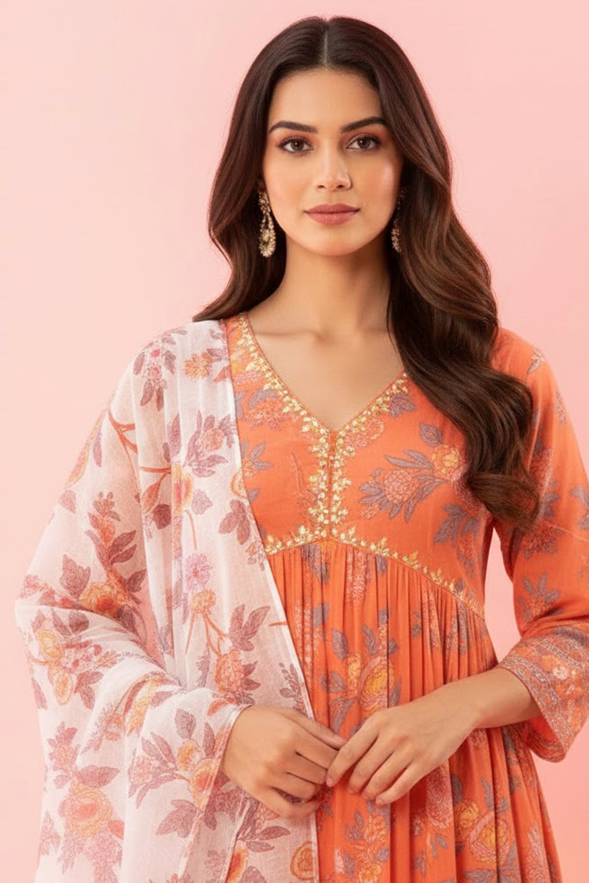 Orange Floral Printed A-Line Kurta Palazzo Set