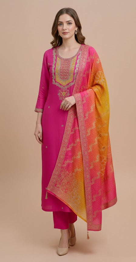 Pink Pure Viscose 3-Piece Ethnic Suit Set