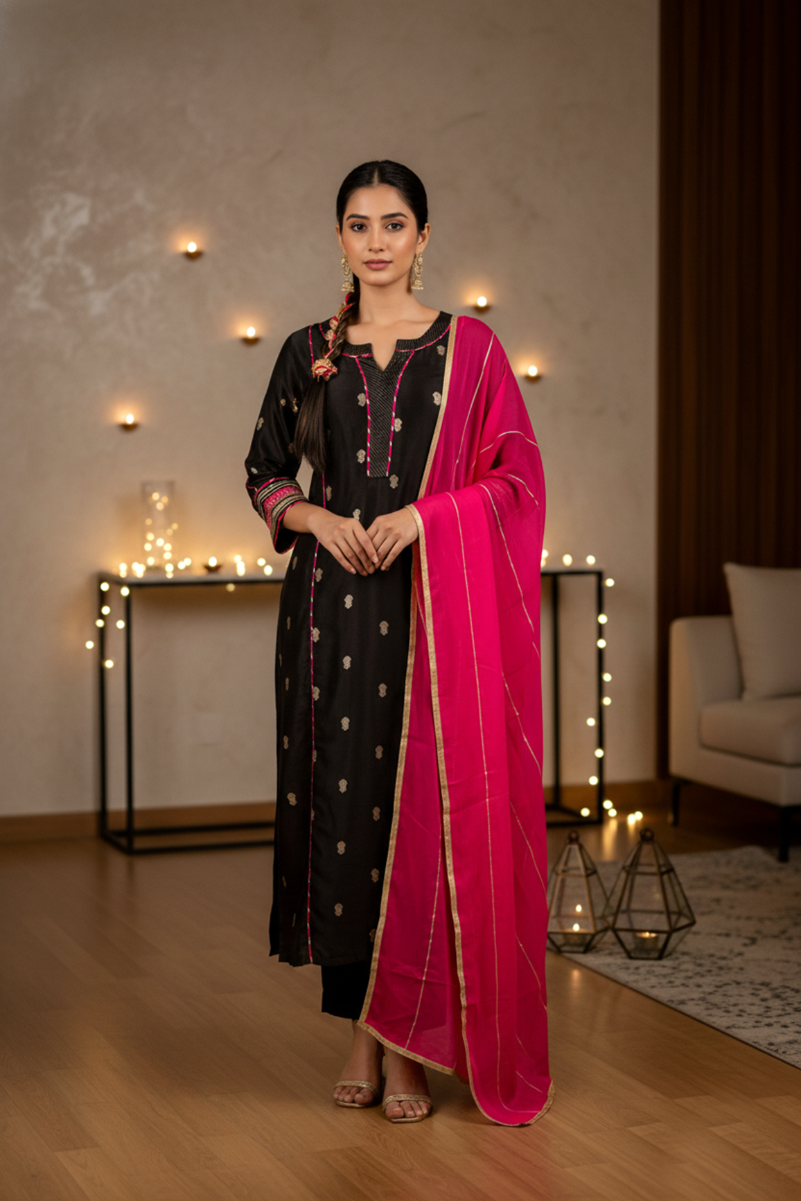 Elegant Silk Jacquard Booti Embroidered Kurta with Silk Pant