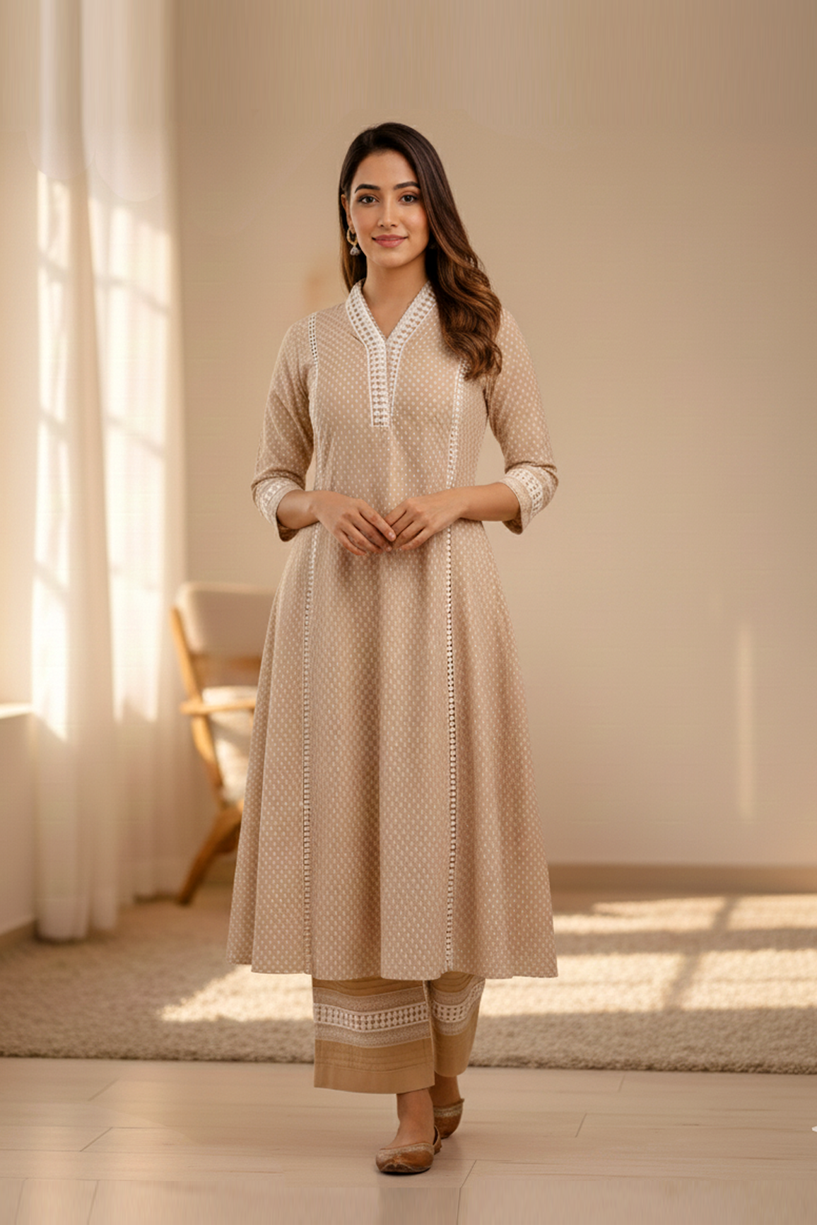 Beige A-Line Kurta with Crochet Lace