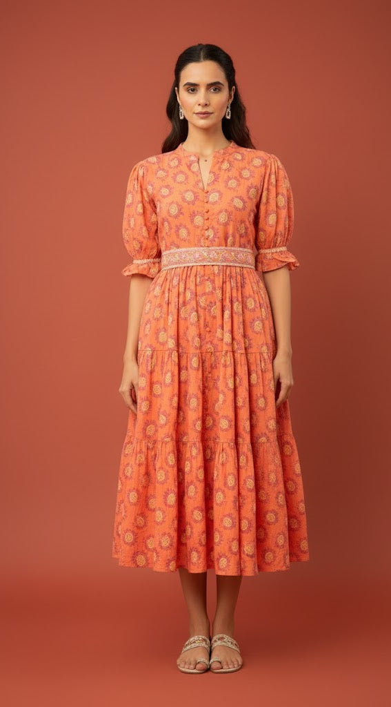Orange Printed Tiered Maxi Dress with a Belt