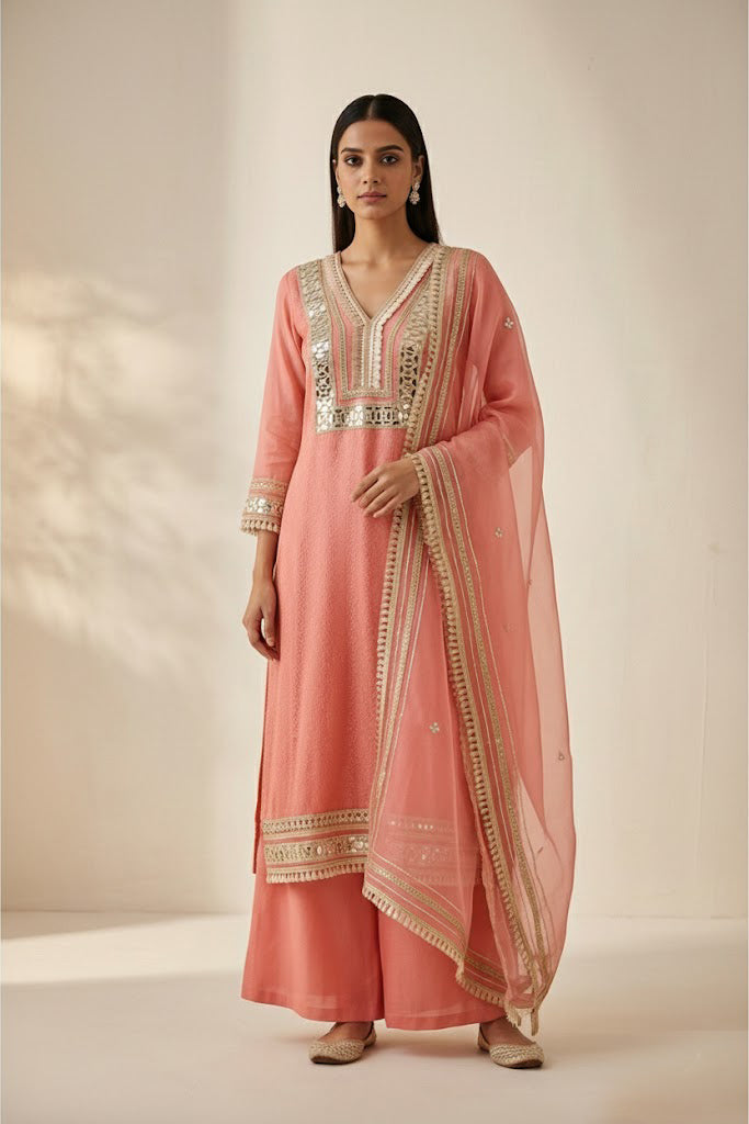Pink Rasian Silk 3-Piece Ethnic Suit Set – Kurta, Pant & Dupatta
