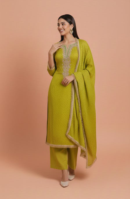 Fresh Green Silk 3-Piece Ethnic Suit Set – Kurta, Pant & Dupatta