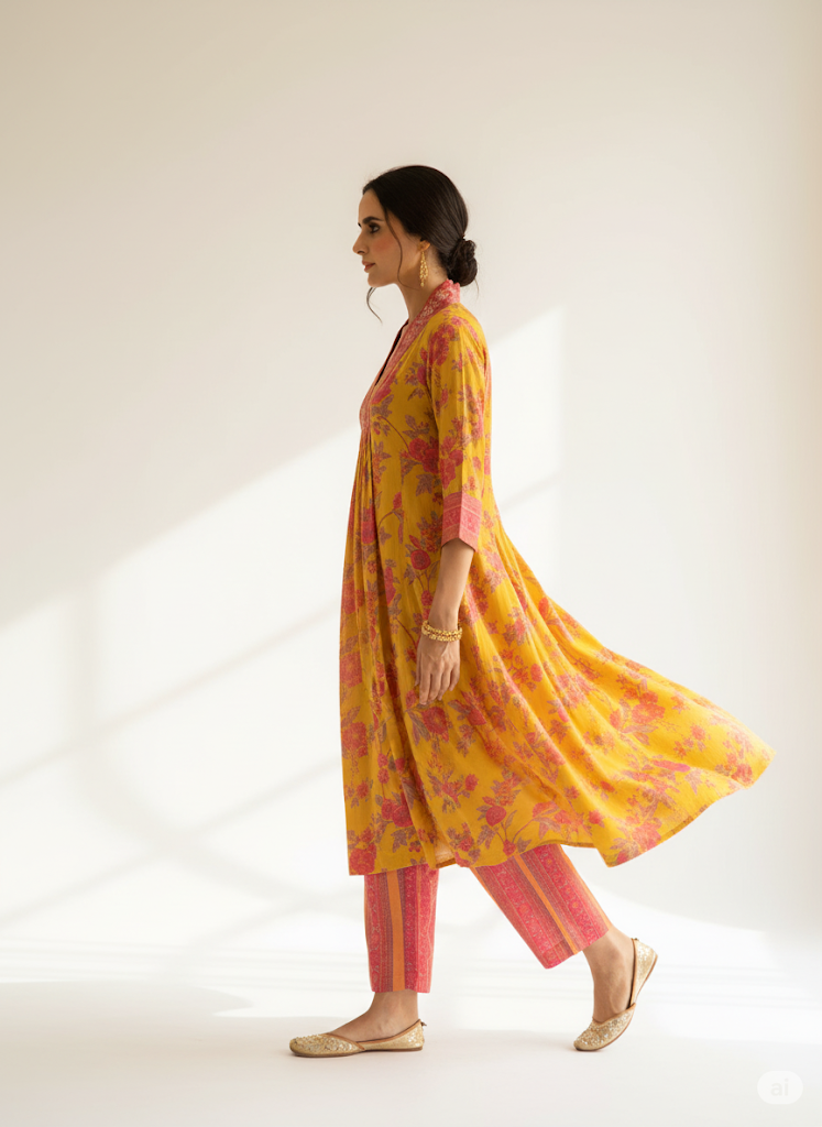 Mustard Printed Viscose Modal A-Line Gathered Yoke Kurta with Pink Printed Pant