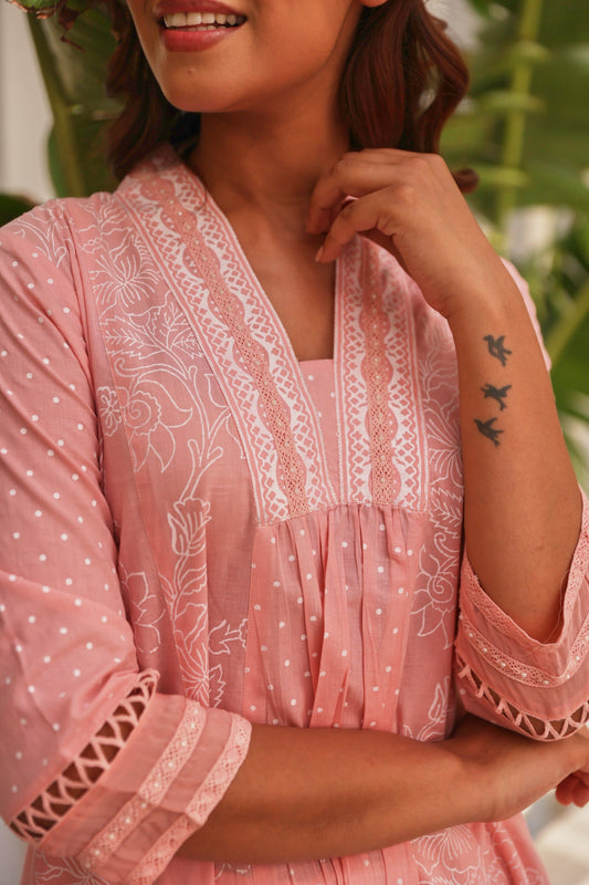 Pink Chunakhari Printed Cotton Kurta Set with Pearl Lace Work