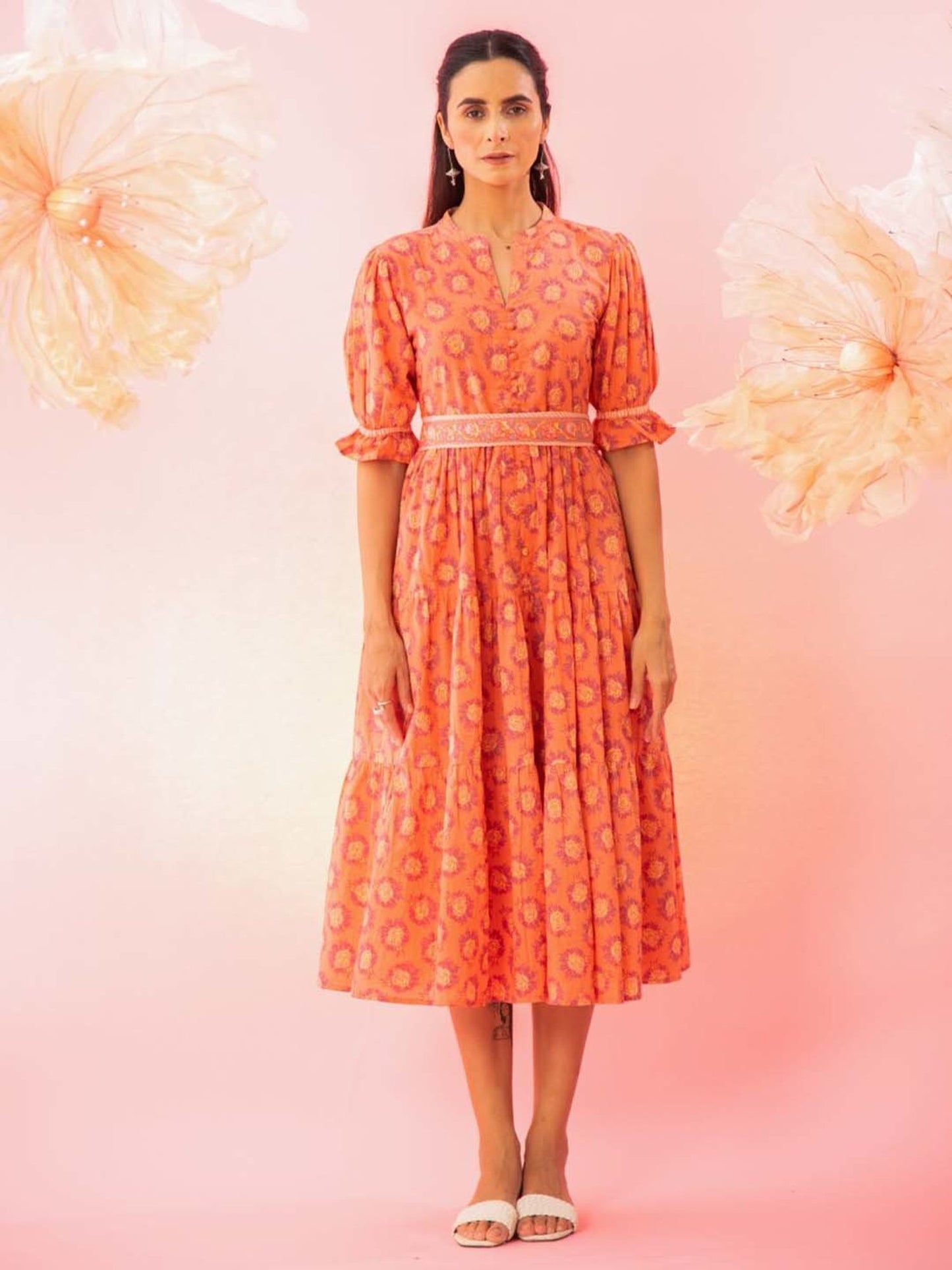 Orange Printed Tiered Maxi Dress with a Belt
