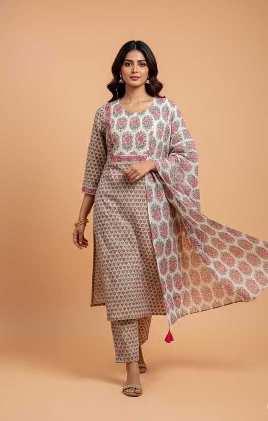 Multi colour  block print Cotton Kurta Pant Set with Dupatta