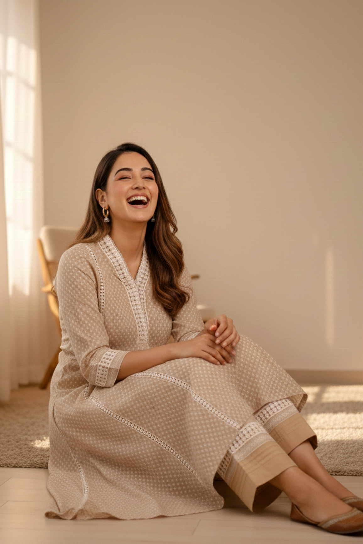 Beige A-Line Kurta with Crochet Lace