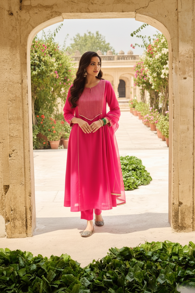 Rani Chanderi Gota Embellished Kurta‑Pant Set with Dupatta