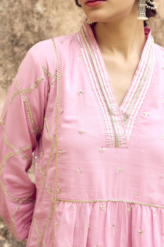 Pink Embroidered Mulmul Kurta Pant Set