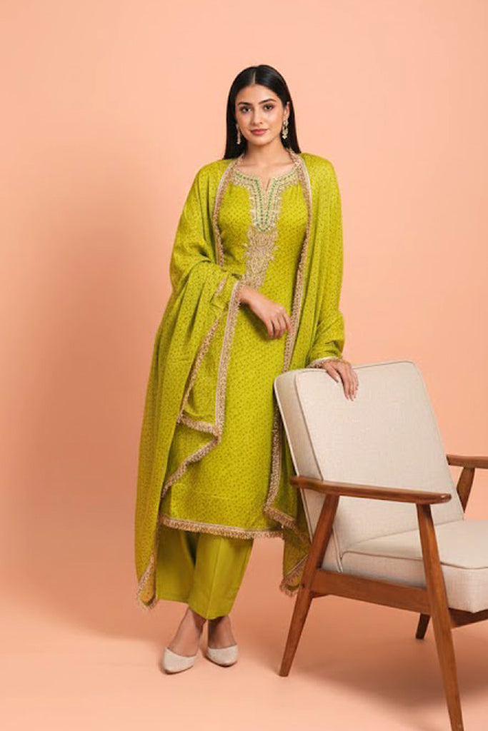 Fresh Green Silk 3-Piece Ethnic Suit Set – Kurta, Pant & Dupatta