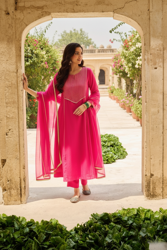 Rani Chanderi Gota Embellished Kurta‑Pant Set with Dupatta