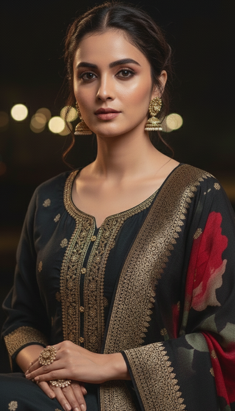 Black Pure Viscose 3-Piece Ethnic Suit Set – Kurta, Pant & Banarasi-Style Floral Silk Dupatta