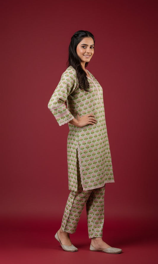 Pistachio Green Muslin Co-Ord Set with Embroidered Laces — Refined Comfort