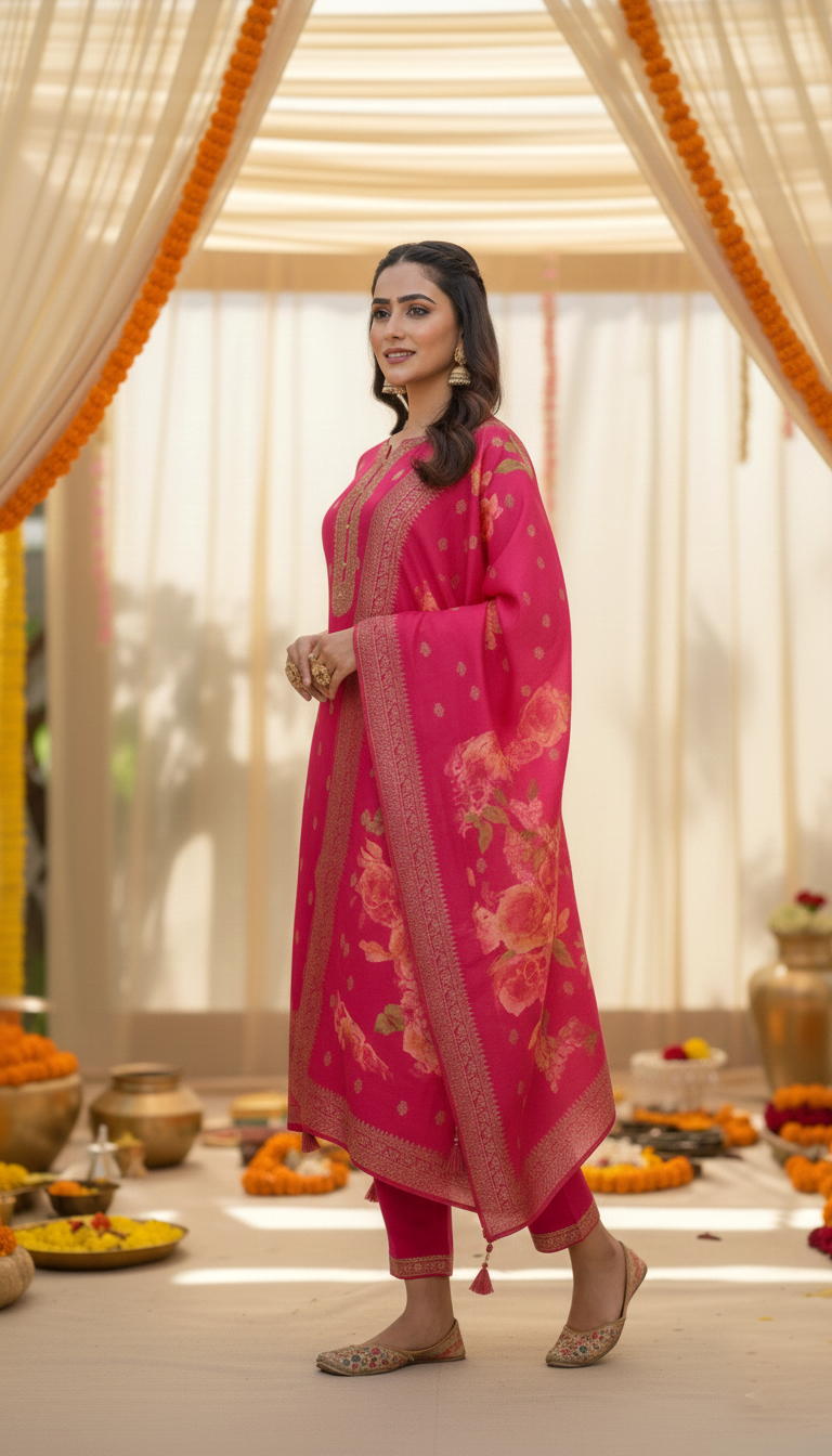 Pink Pure Viscose 3-Piece Ethnic Suit Set – Kurta, Pant & Banarasi Floral Silk Dupatta